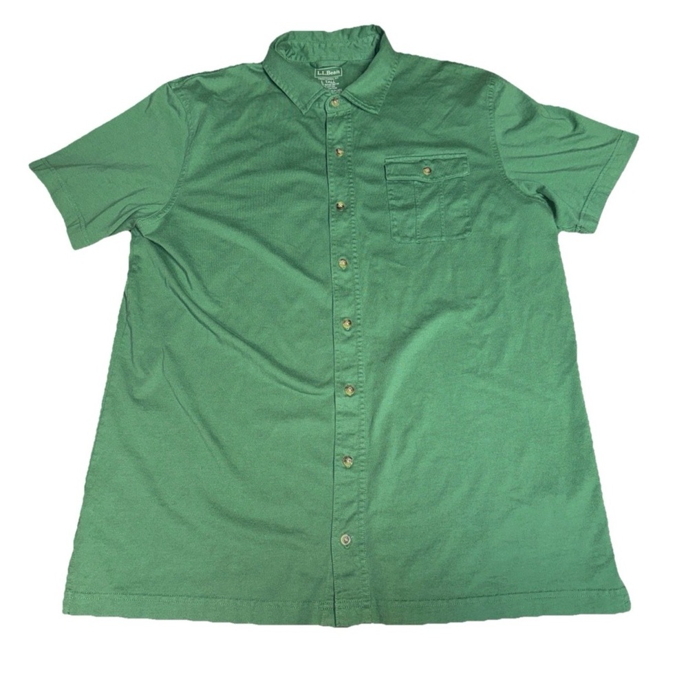 L.L Bean Men's Size LT Large Tall Green Button Up 100% Cotton Short Sleeve Flaw